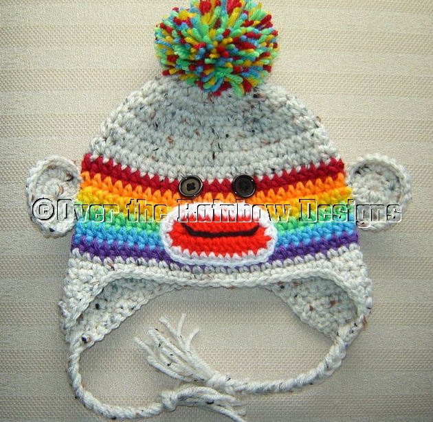 Sock MONKEY Rainbow Ear Flap Hat Hand Made Toddler Size