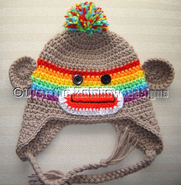 Sock MONKEY Rainbow Ear Flap Hat Hand Made Baby Size