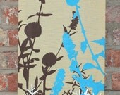 Brown/Turquoise on Wheat Colored Stretched Linen Botanical Wall Hanging