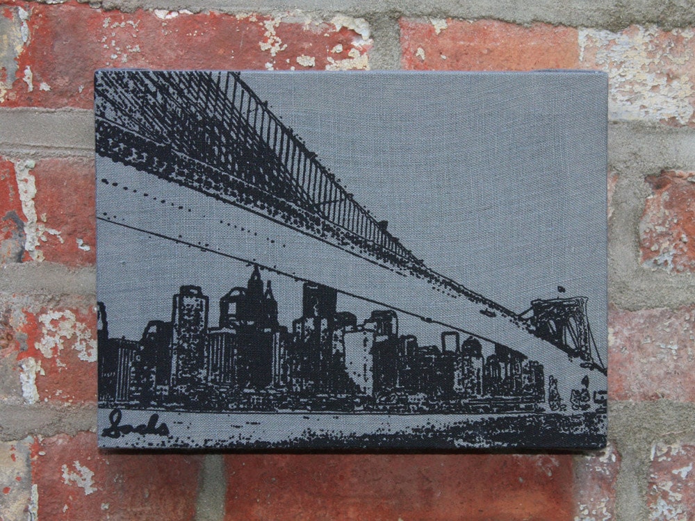 Brooklyn Bridge Skyline Stretched Linen Wall Hanging - Black/Slate