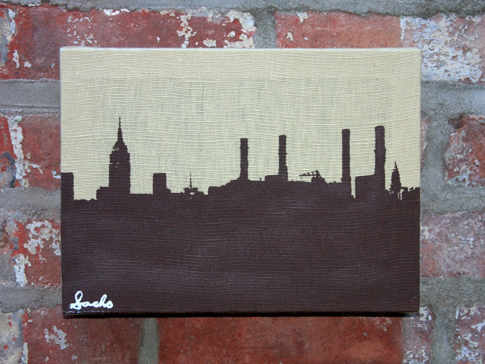 New York Skyline Stretched Linen Wall Hanging - Brown on Wheat