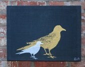 Navy Blue Stretched Linen Birds Wall Hanging - Gold/Silver