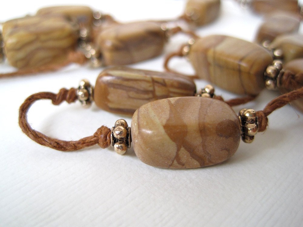 Long Jasper Necklace Hand Knotted Natural Hemp Cord