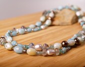 Heathered aqua necklace of amazonite, apatite, and freshwater pearls