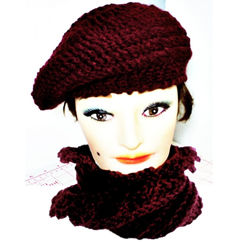 Womens Crochet Hat - Crochet Beret Hat and Infinity Scarf Set in Aubergine Made With Soft Acrylic Yarn