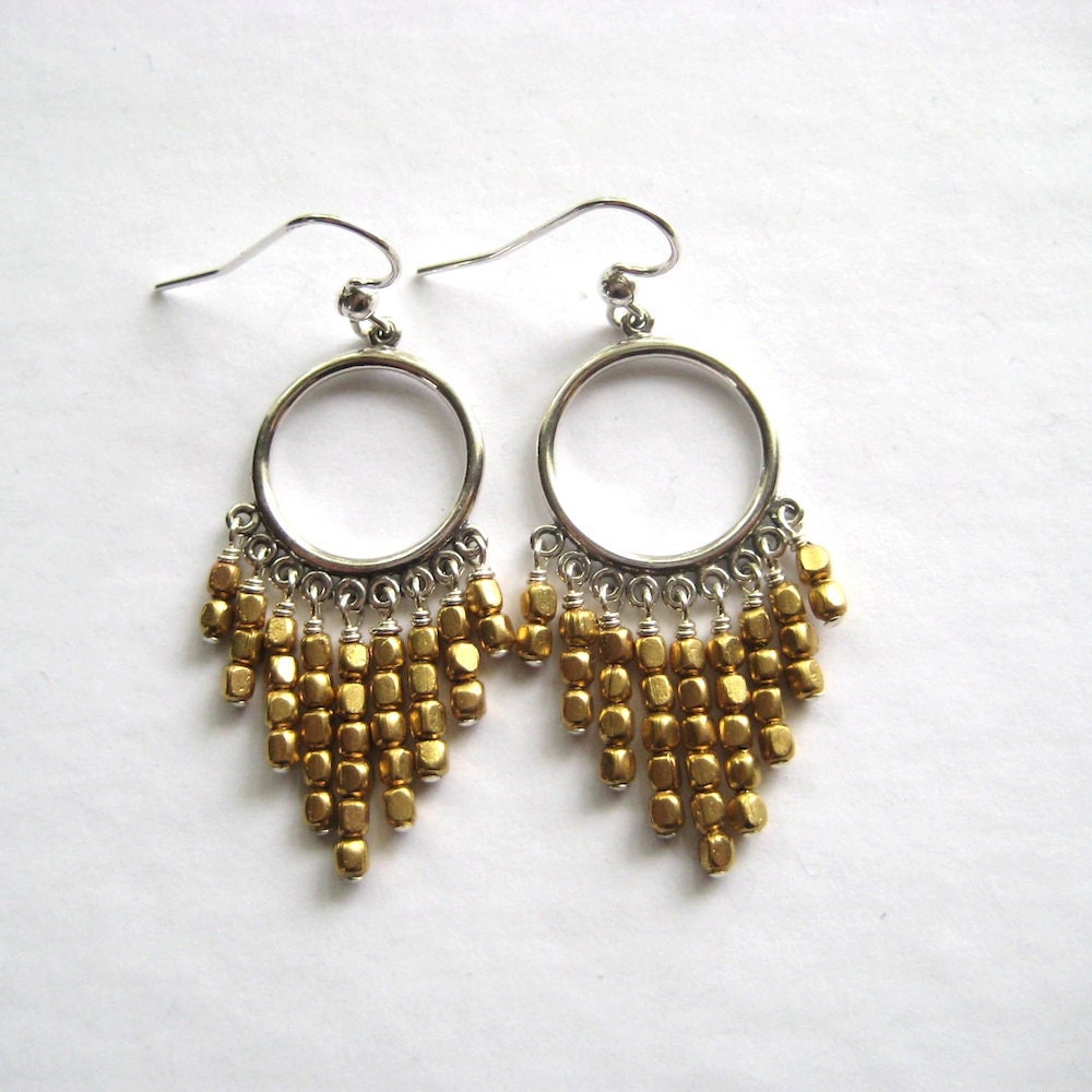 Chandelier Earrings, Brass Bead Sterling Silver Chandelier Earrings