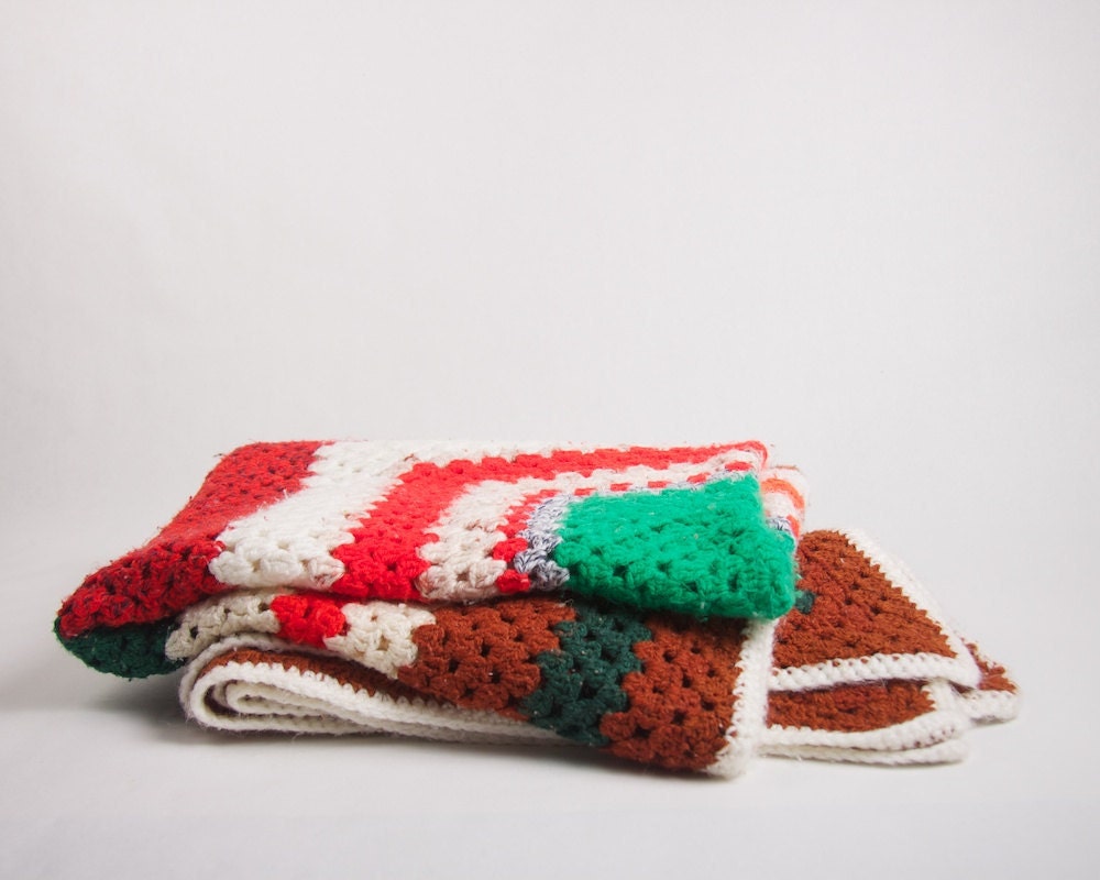 Vintage Crochet Afghan Blanket / Rug Earth-Tone Large