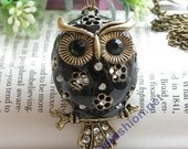 Pretty retro copper black feather owl on branch with black eyes necklace pendant vintage style