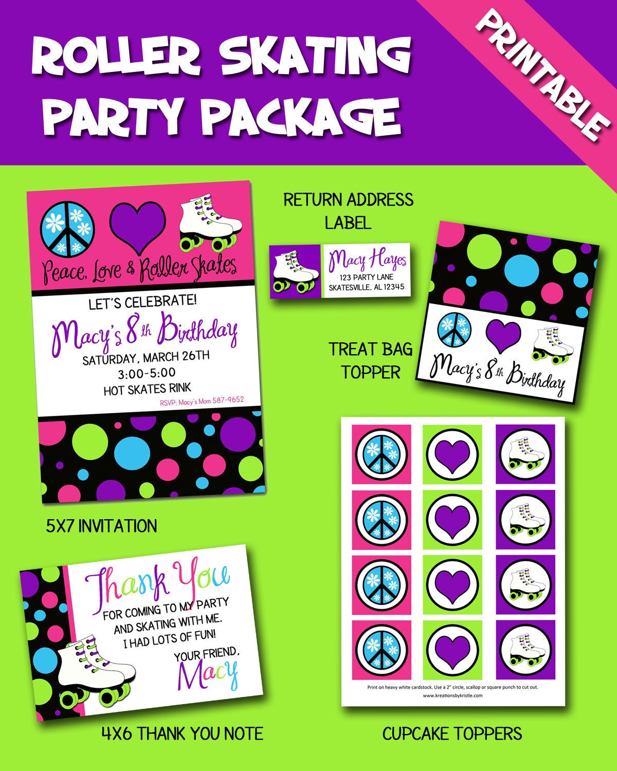 Peace Love ROLLER SKATING Birthday Party Invitation- Printable Package with cupcake toppers