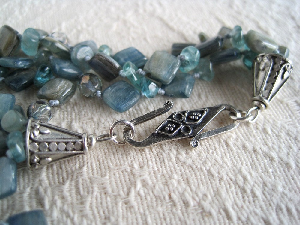 Apatite Kyanite Necklace Triple Strand Blue Hand Knotted