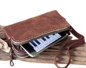 Gadget Suede Leather Zipper Wristlet Pouch in Orange Brown- L size