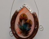 Sun Catcher Stained Glass Horse Shoe Peach Peacock Feather