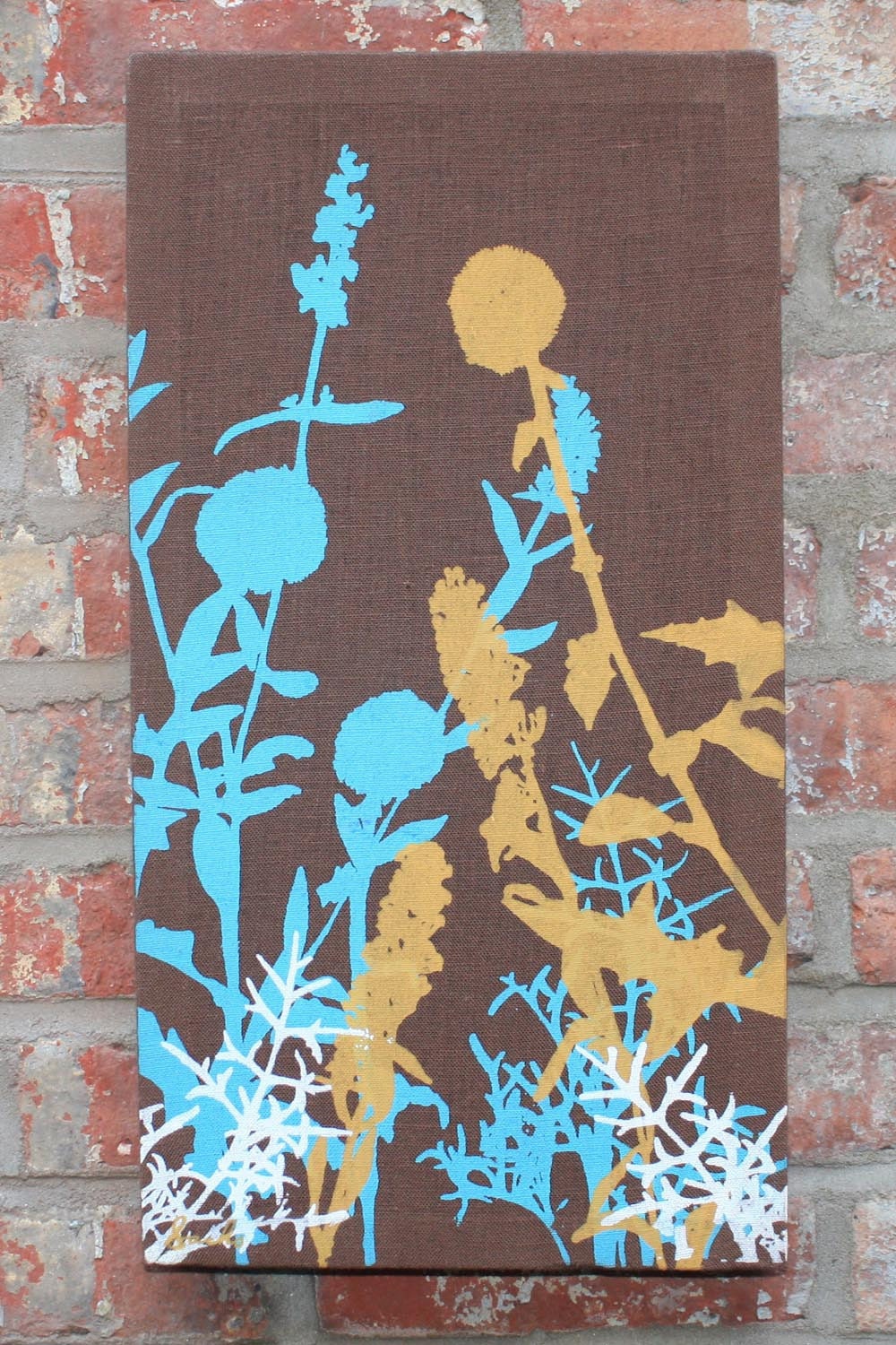 Brown Stretched Linen Flowers Wall Hanging - Turquoise/Mustard/White