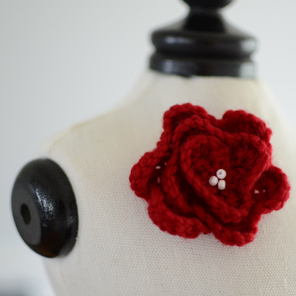 Handknit Flower Brooch - Ruby Red and Opalescent White