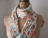 Hand knit Infinity scarf Pink. Turquoise. Seafoam. Gold.