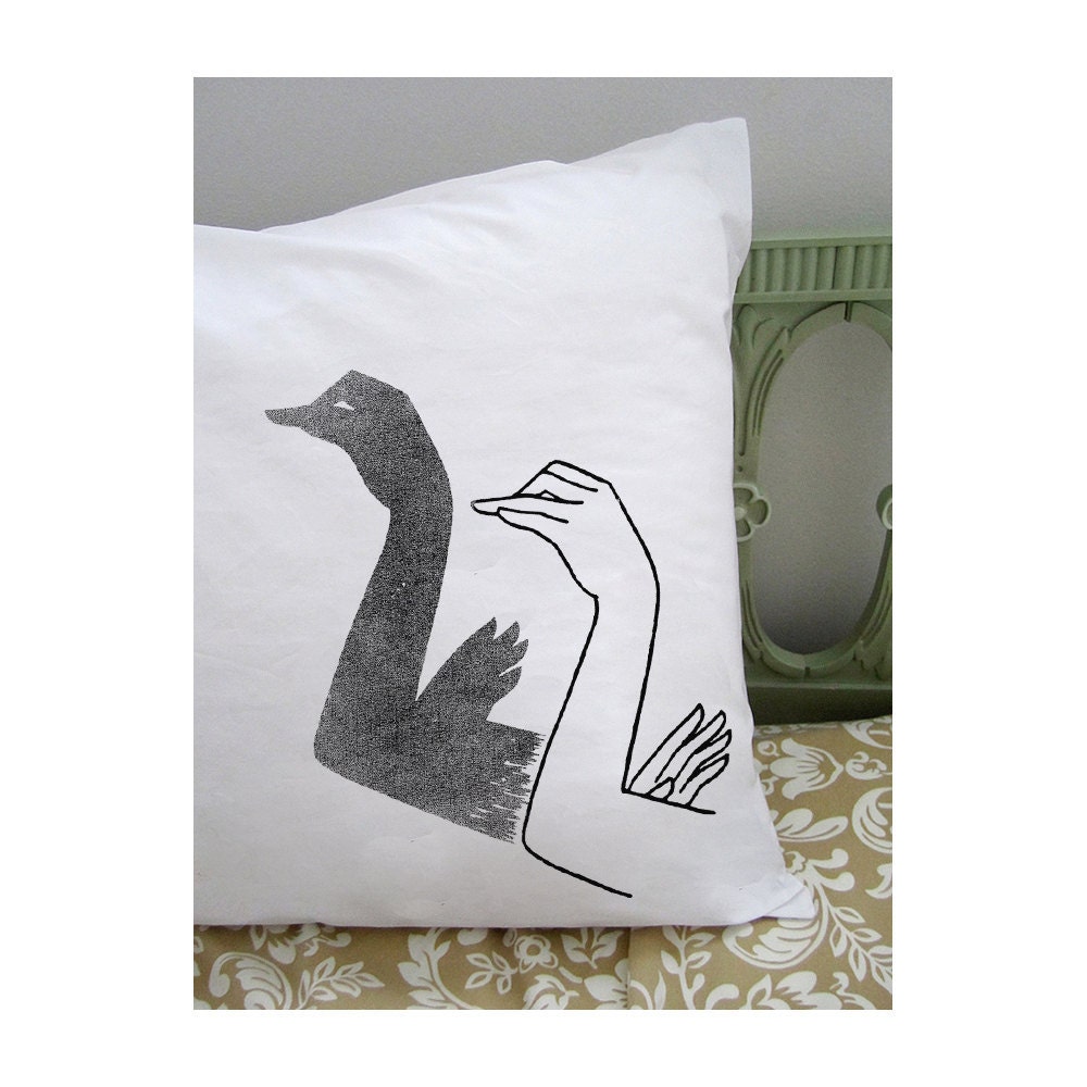 Swan shadow puppet pillowcase. white cotton. black screenprint.