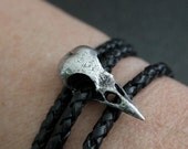 Bird Skull Leather Bracelet- Raven Crow Black Braided Leather