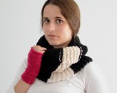 The Colorblock Cowl - Handknit Chunky Neckwarmer - Ebony and Ivory
