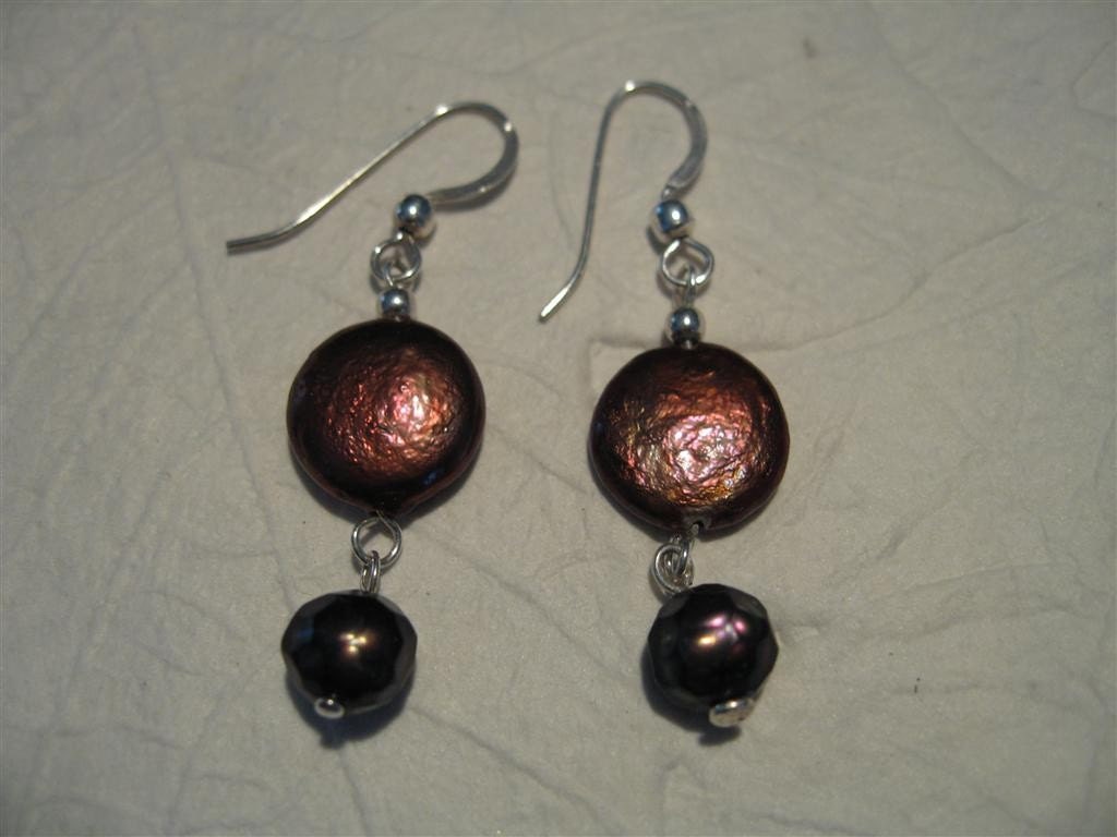 Iridescent Copper Pearl and Sterling Earrings