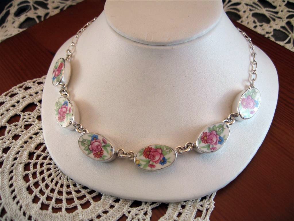 Colorful Floral Broken China and Sterling Necklace - Shabby Chic