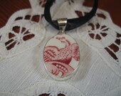 Red and White Broken China and Sterling Pendant - Shabby Chic