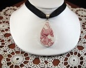 Red and White Broken China and Sterling Pendant - Shabby Chic