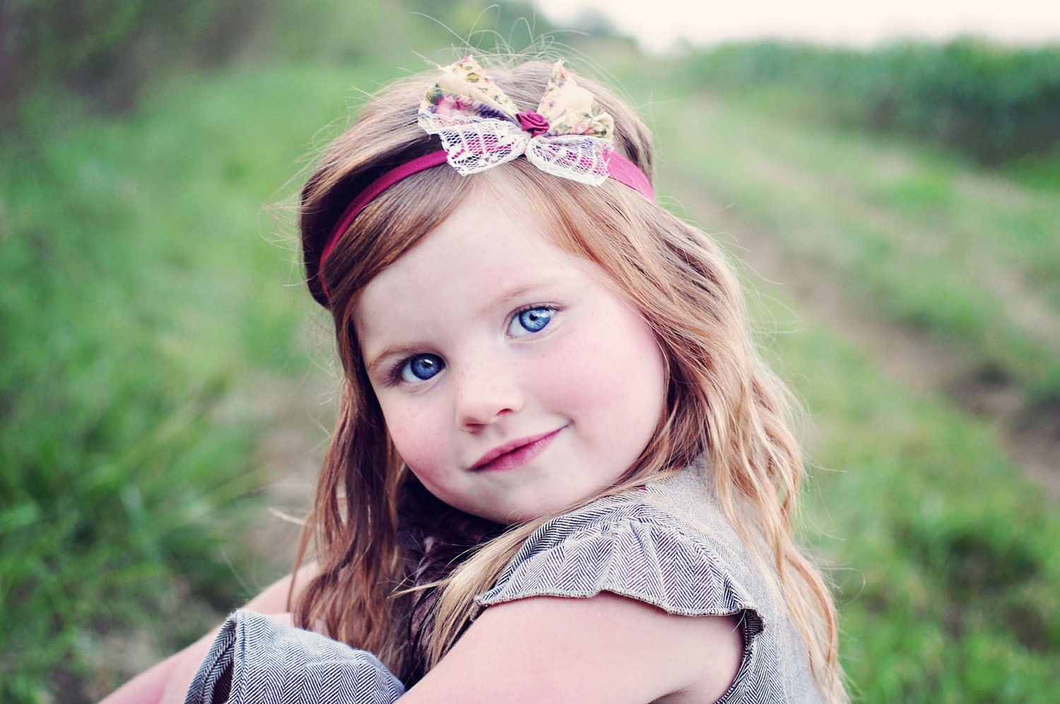 Vintage Inspired Handmade Bow - Gorgeous French Handstamped Fabric Bow - Headband for Baby Girl and up