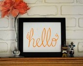Hello Block Print Poster Linocut - Dark Yellow - 8 x 10 inches Cursive Typography Print