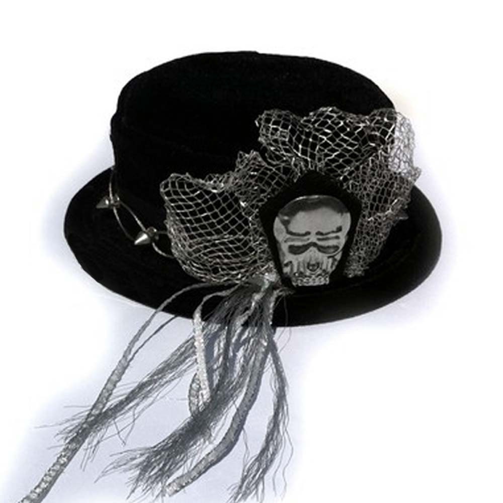 Plush Mini Top Hat with Spike Band and Metal Skull and Wire Veil