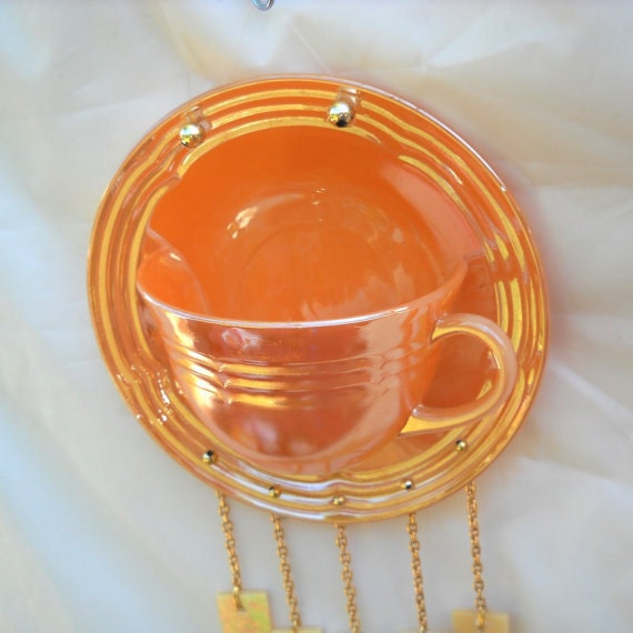 Wind chime upcycled from Depression Glass / Vintage Suncatcher with glass chimes