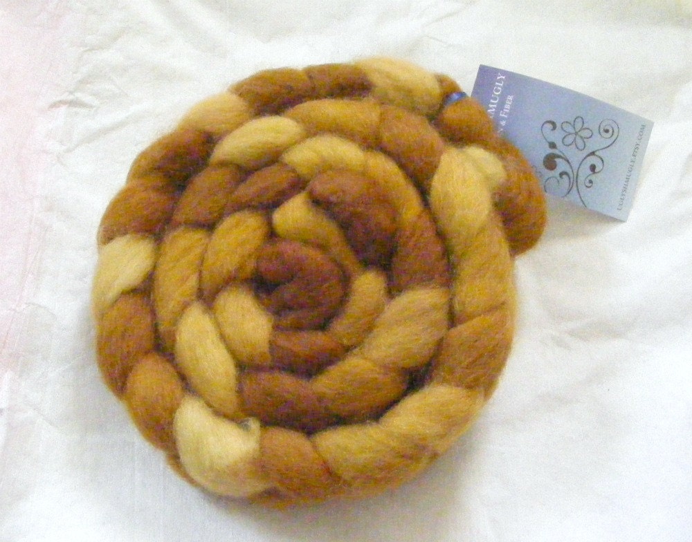 Hand Dyed Romney Wool Top--Caramel