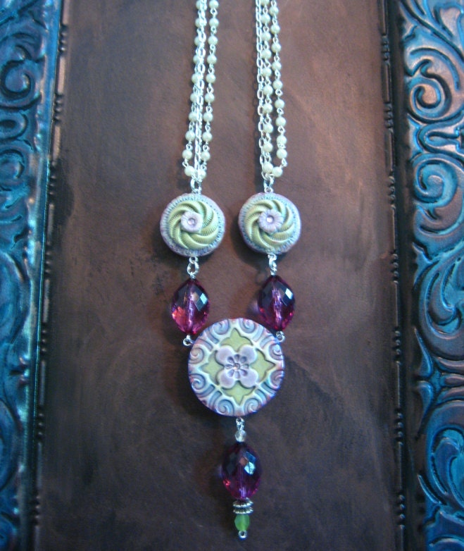 Double Sided Polymer Flower and Pearl Necklace with Faceted Purple Beads on Silver
