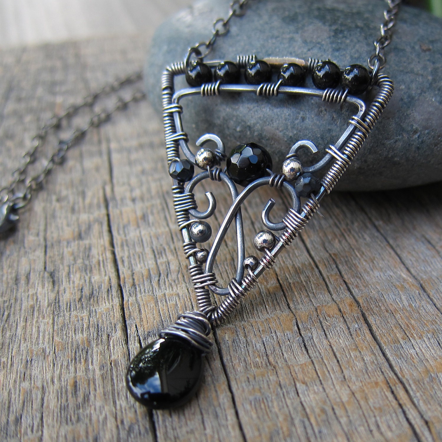 Carpe Noctum Necklace ... Wire Wrapped Arrow Pendant with Onyx and Black Spinel