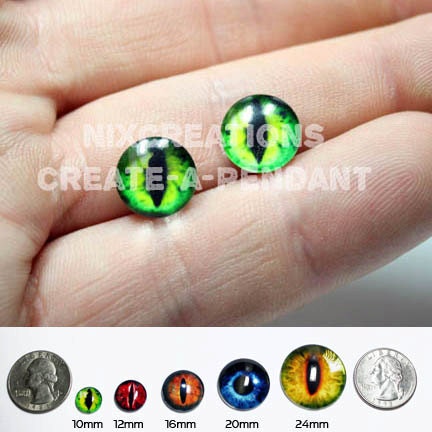 12mm Handmade Set of Evil Green Dragon Glass Taxidermy Eyes Pullip Doll Cabochons for Steampunk Jewelry Pendants and Ring Making
