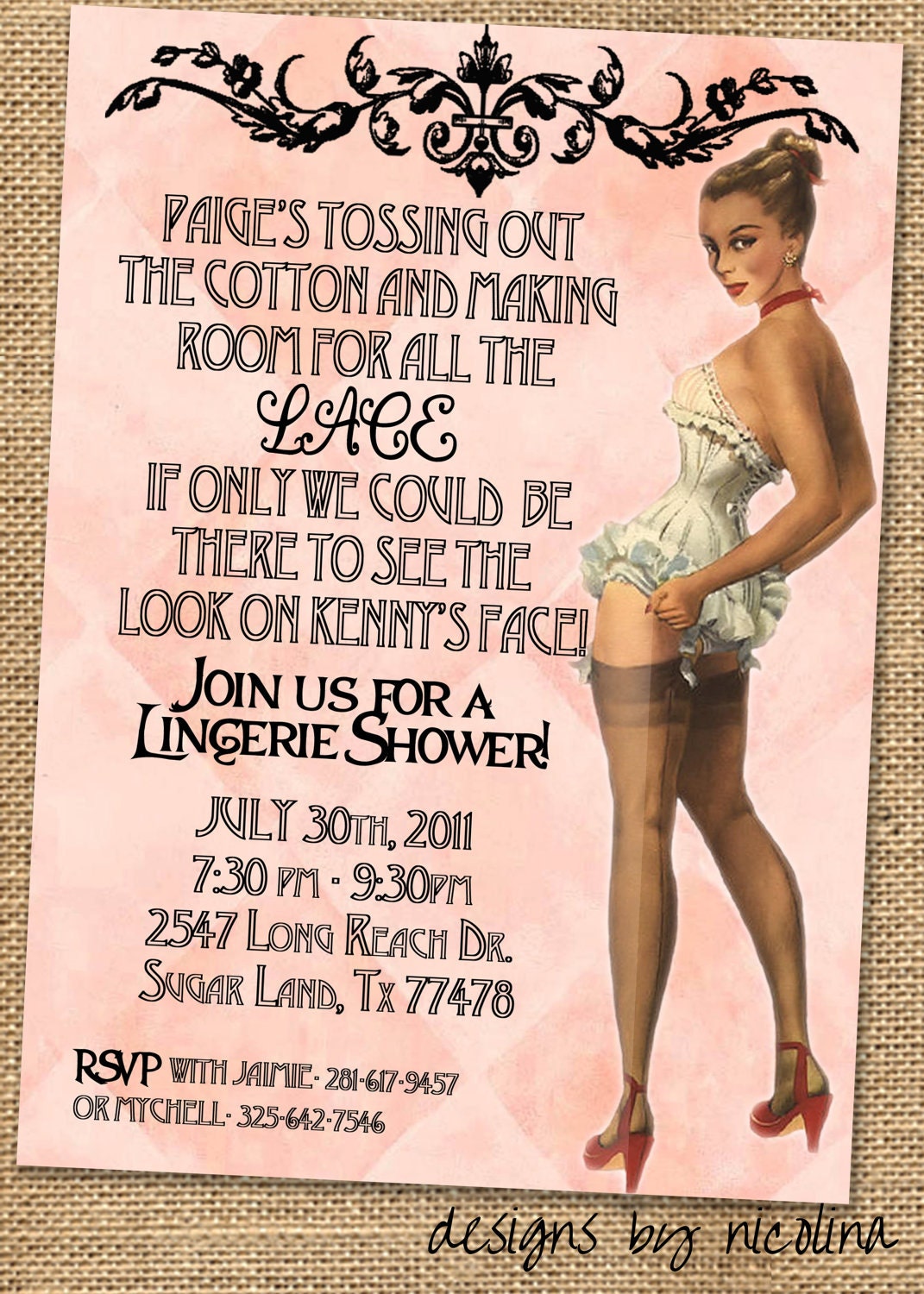 Lady in Red- Vintage Pin Up Lingerie Shower PRINTABLE Invitation