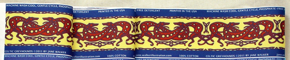 Celtic Greyhound Fabric, Cotton Sateen, yellow red blue.