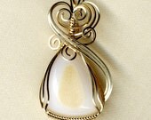 White Agate with Golden Druzy Cabochon Wire Wrapped Pendant