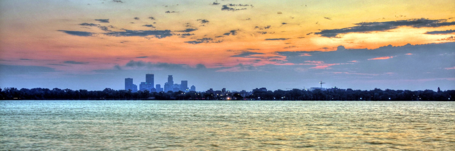 Sunrise over the Downtown Minneapolis, MN Skyline from Lake Calhoun - Panoramic - 12x36 Fine Art Print