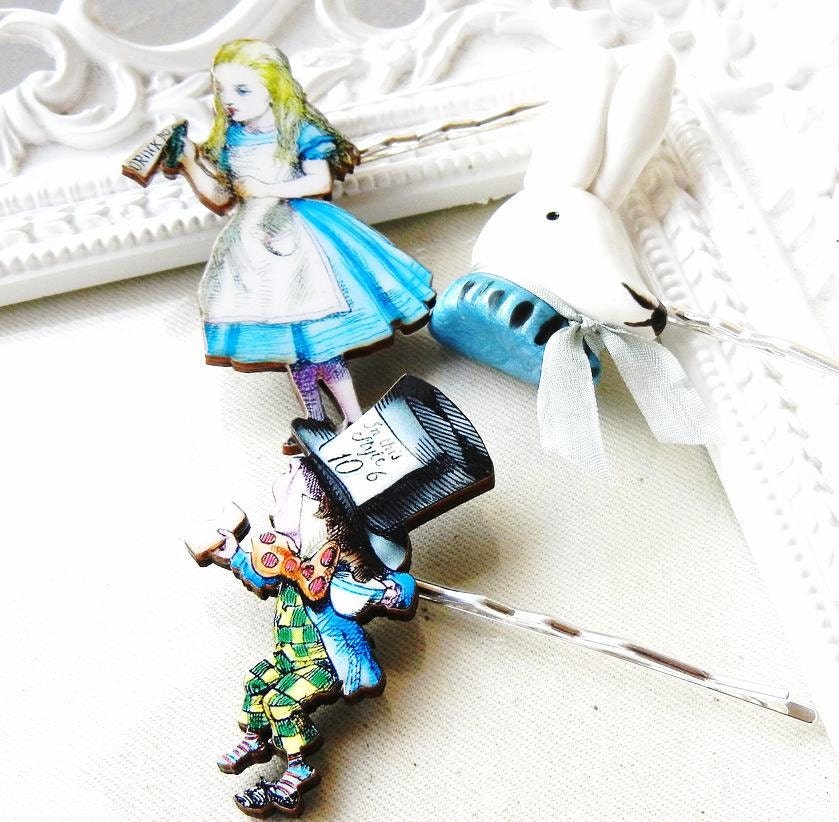 Handmade Deluxe Alice in Wonderland Mad Hatter and the White Rabbit Hair Pin Set