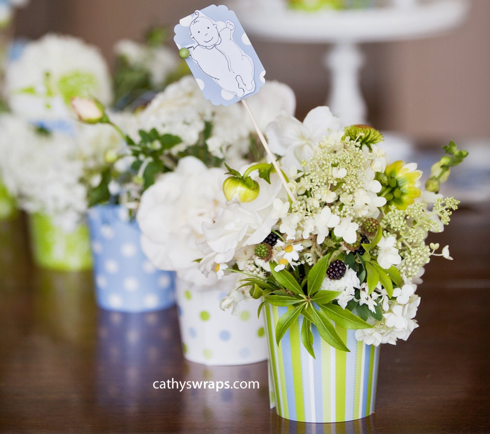 Baby Shower Decorations & Whimsical Vases. Polka Dots, Stripes and Paisley Flower Vases. 12 Vases, 1 Floral Pick.