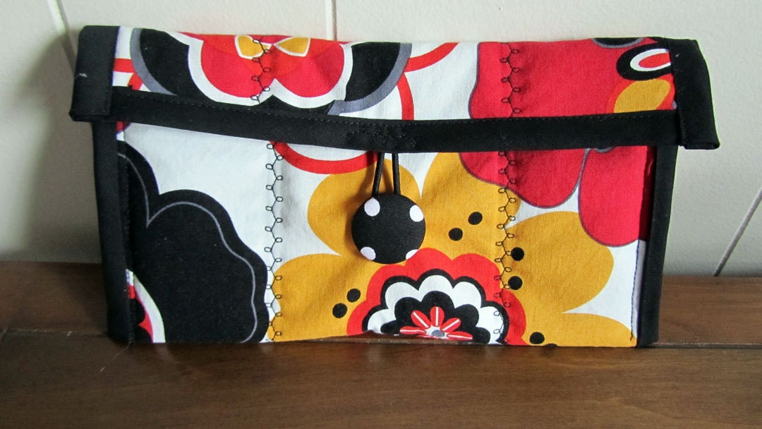 Quilted Clutch with Vintage Button Red Yellow & Black Floral