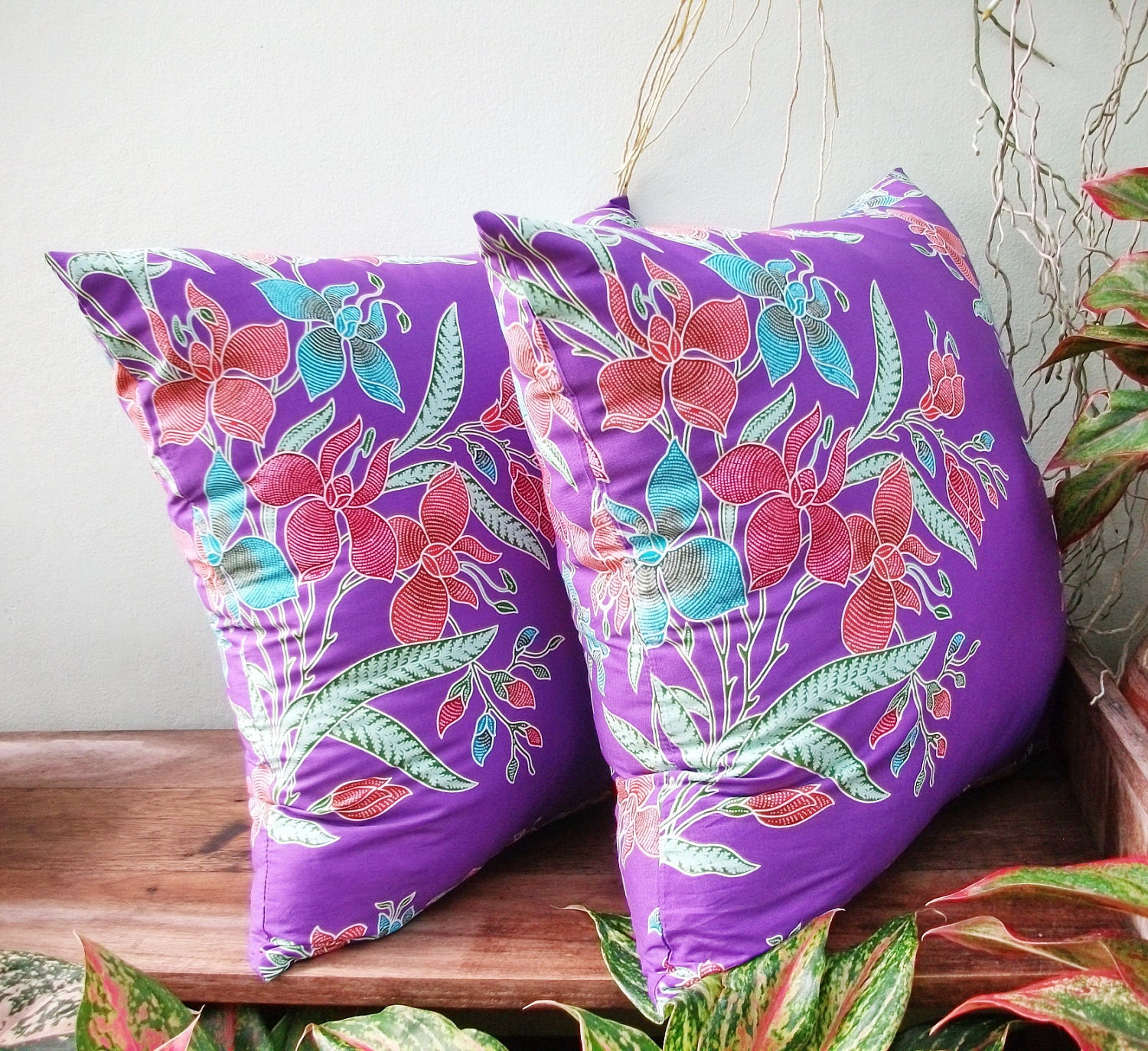 Purple  Floral Authentic Javanese Batik sofa Throw decorative pillow cushion covers 18 inches
