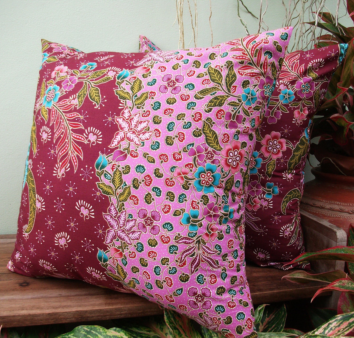 Violet  Floral Authentic Javanese Batik sofa Throw decorative pillow cushion covers 18 inches
