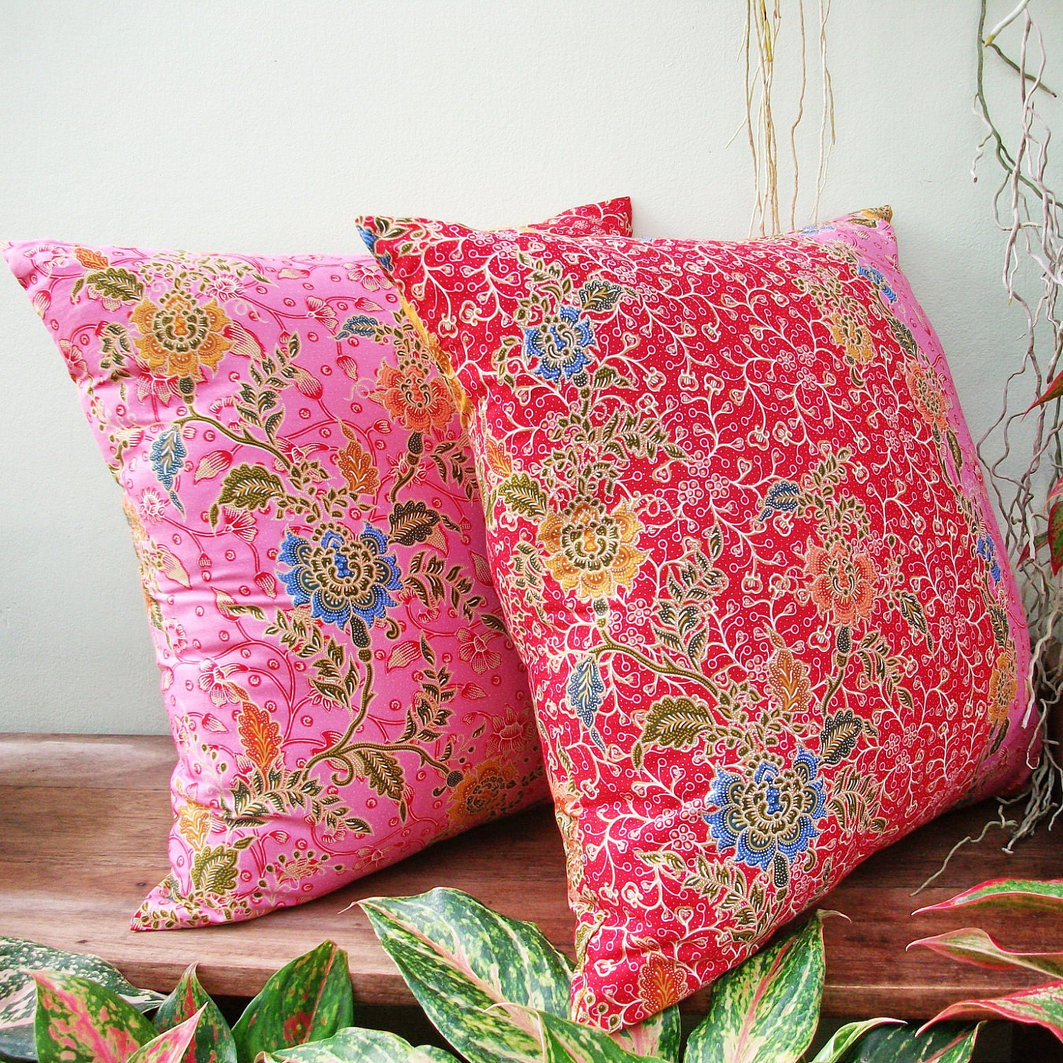 Pink Red Floral Authentic Javanese Batik sofa Throw decorative pillow cushion covers 18 inches