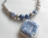 Blue Pearls and  White Stone Necklace with Large Chinese Porcelain Focal Bead - Shanghai Blues