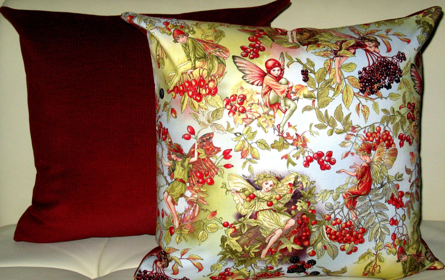 Free US shipping Funny Designer SET of Two 18x18 Pillow Covers Zipper Closure  Michael Miller Autumn Flower Fairies Harvest