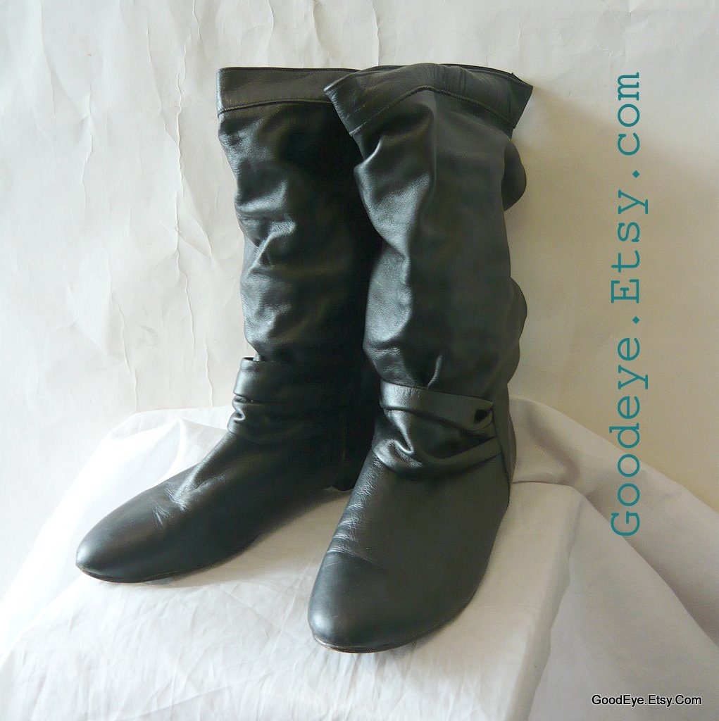 80s Leather Slouch Boots 11 .5M Eu43 UK 9 Black Harness Ankle Flats