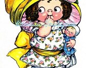 Yellow Hat Doll Cutsey Girl Reproduction Cotton Fabric Art Print 3.25X5" Applique