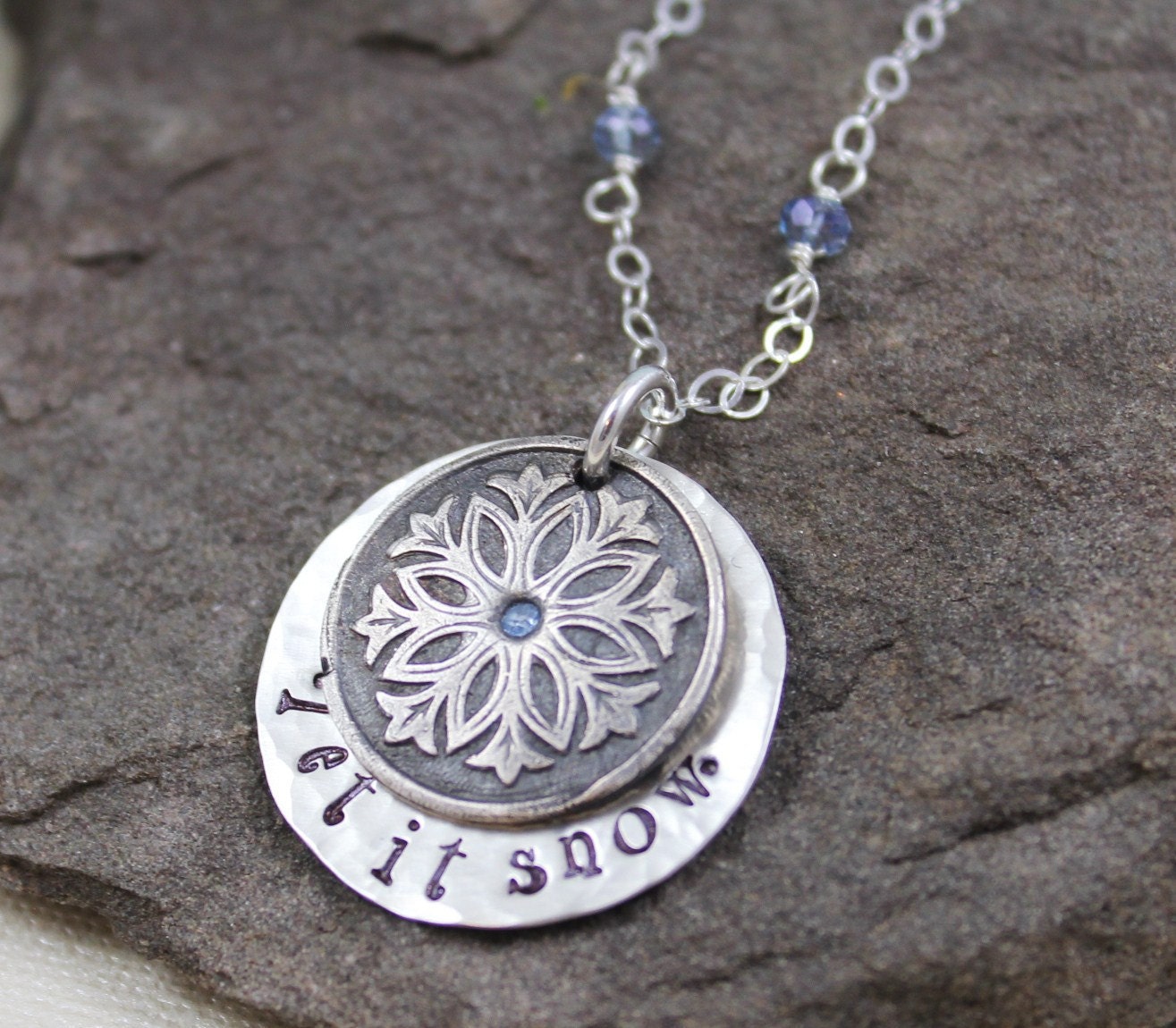 Let It Snow Necklace-  Fine Silver, Blue Topaz CZ,Hand Stamped Pendant
