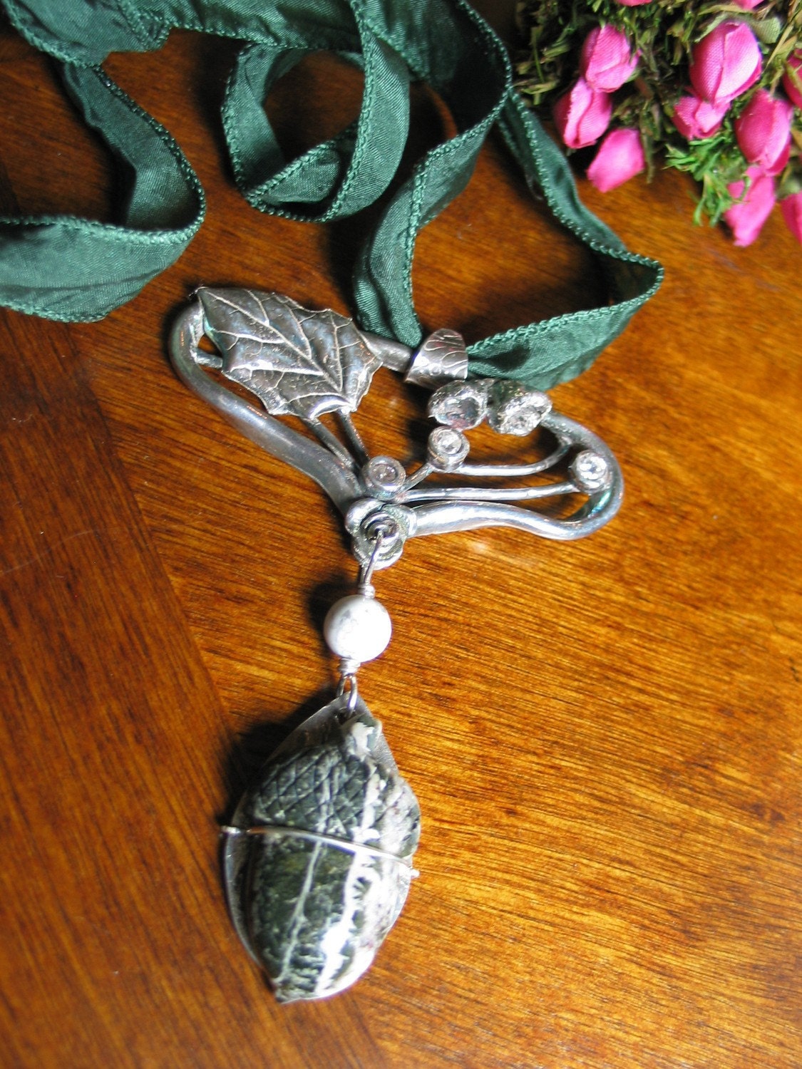 Art Nouveau style Silver Pendant Necklace - Granite Acorn on Ribbon